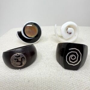 Bohemian Wood Shell Om Symbol Spiral Rings Set of 4 Boho Natural